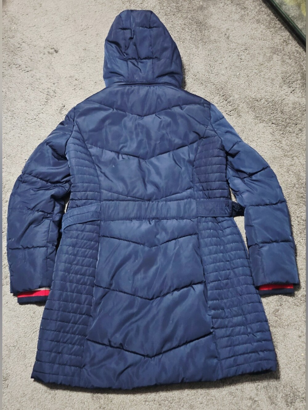 Womens Tommy Hilfiger Navy Blue Long Puffer Coat w/ belt and hood size M - Picture 2 of 12